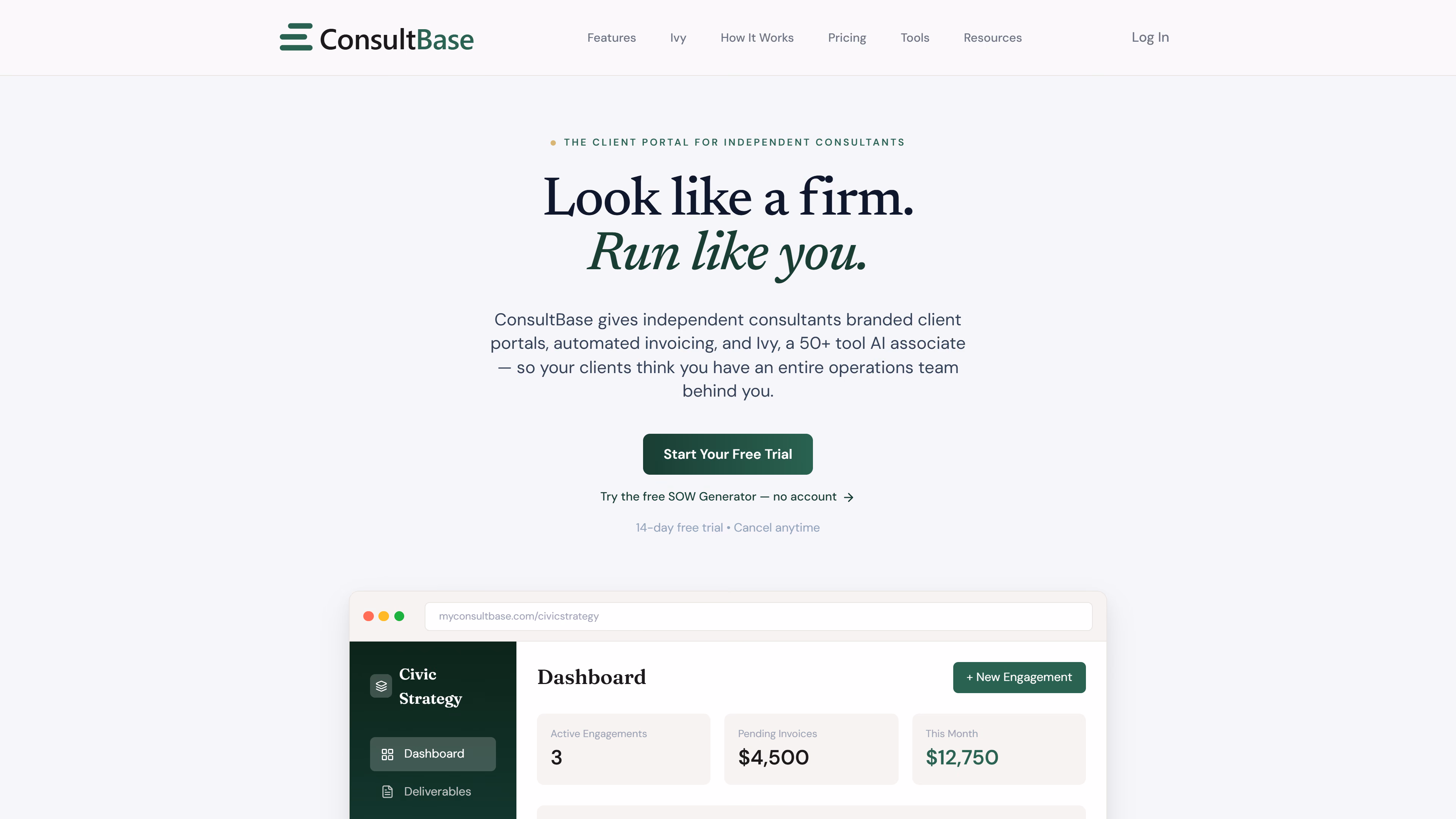 The ConsultBase marketing site rendered on desktop.