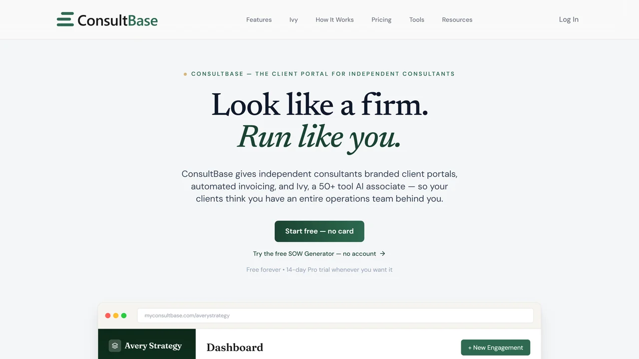 The ConsultBase marketing site rendered on desktop.