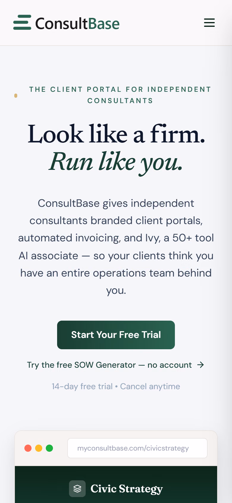 The ConsultBase marketing site rendered on a phone.
