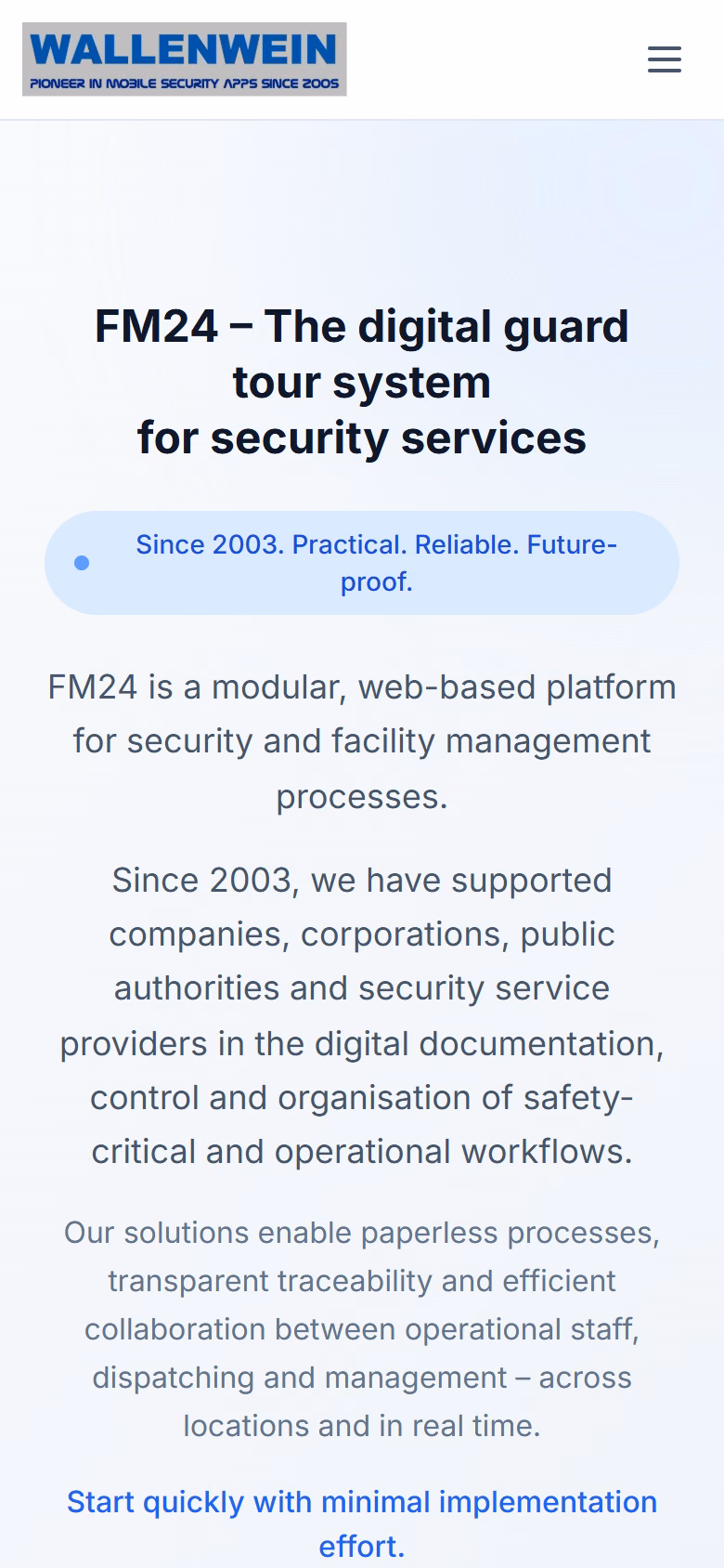 The FM24 public site rendered on a phone.