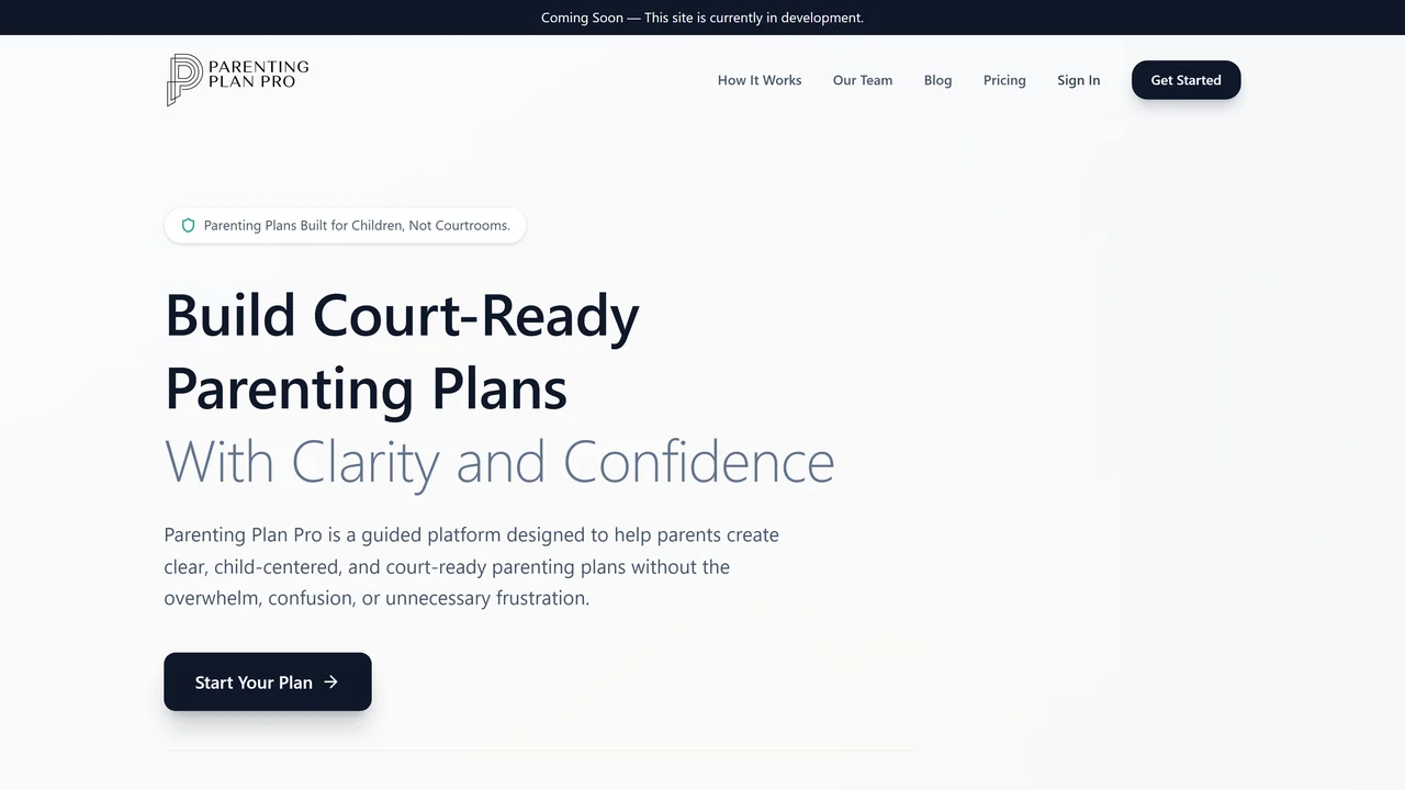The Parenting Plan Pro landing page rendered on desktop.