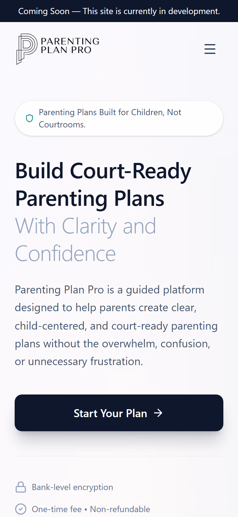 The Parenting Plan Pro landing page rendered on a phone.